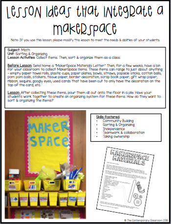 This photo shows how to organize a MakerSpace. It includes a letter that can be sent out to family and friends asking for materials for a MakerSpace.
