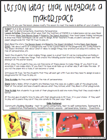 This picture shows details for a MakerSpace lesson. In this lesson, students read Mean Jean Recess Queen and then make their own paper playgrounds using a MakerSpace.