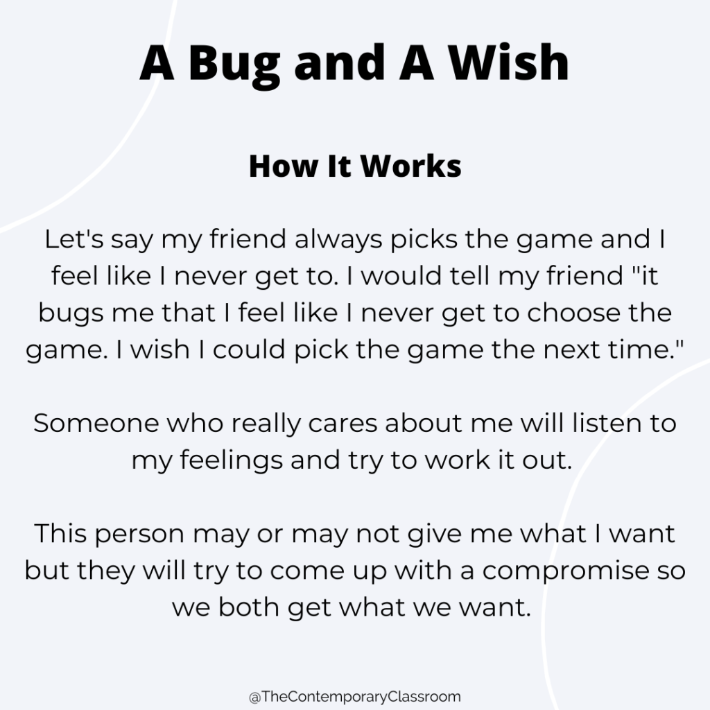 Let's say my friend always picks the game and I feel like I never get to. I would tell my friend "it bugs me that I feel like I never get to choose the game. I wish I could pick the game the next time." Someone who really cares about me will listen to my feelings and try to work it out. This person may or may not give me what I want but they will try to come up with a compromise so we both get what we want.