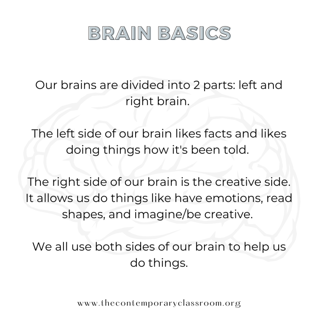 Our brains are divided into 2 parts: left and right brain. The left side of our brain likes facts and likes doing things how it's been told. The right side of our brain is the creative side. It allows us do things like have emotions, read shapes, and imagine/be creative. We all use both sides of our brain to help us do things.